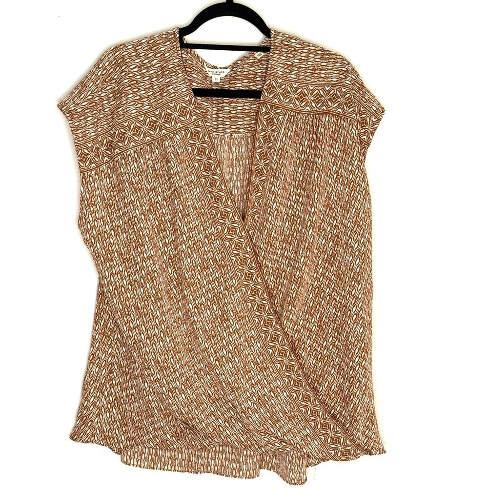 Max Studio London Brown Cream Abstract Sleeveless Faux Wrap Top Plus  Size 3X